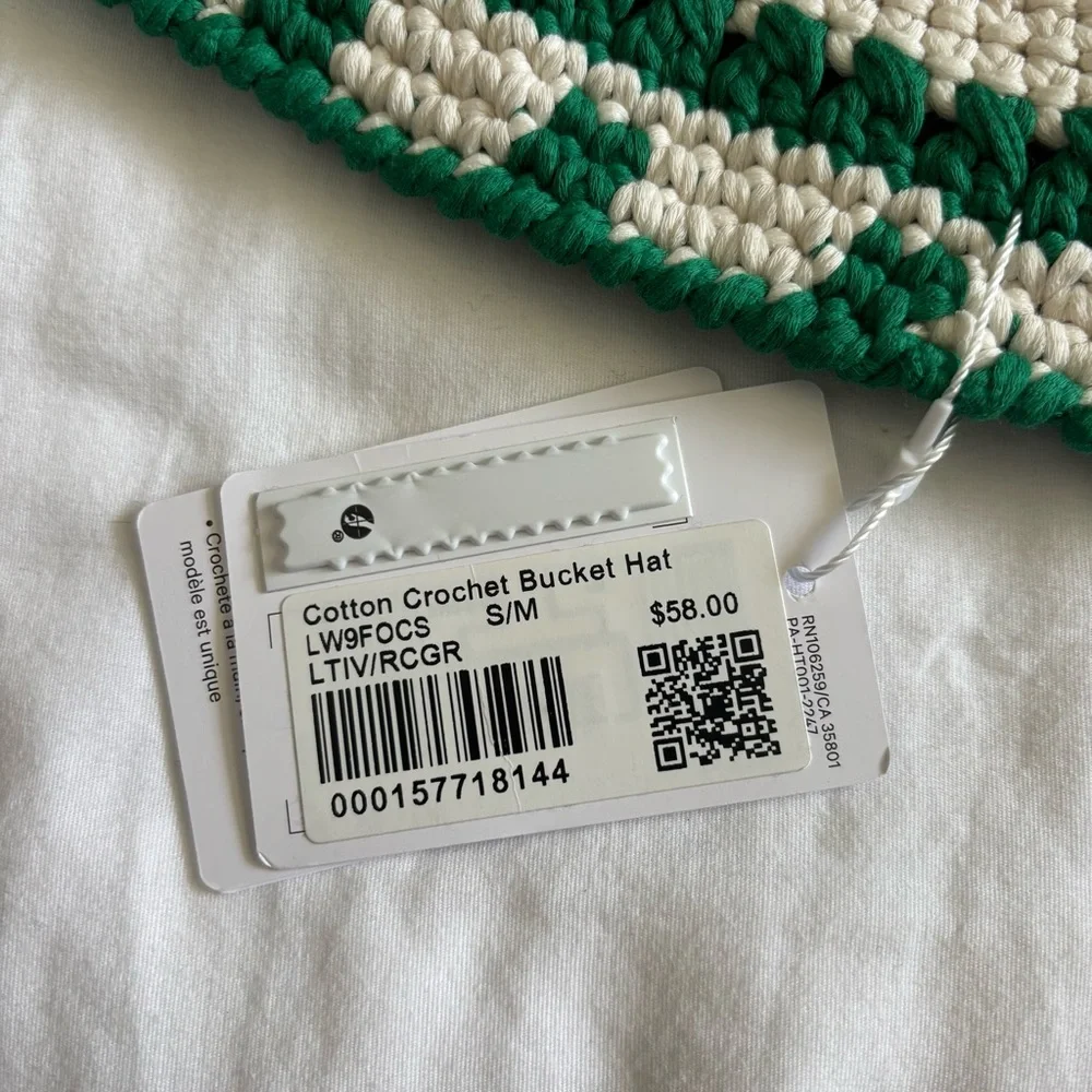 Lululemon Cotton Crochet Bucket Hat LTIV/RCGR Light Ivory Raceway Green Size S/M - Picture 2 of 4